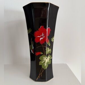 Black Ceramic Vase with Red Floral Design